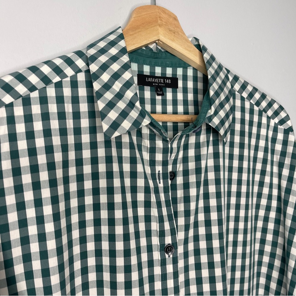 Ladies Lafayette 148 New York green white button up down shirt size Large LG - Picture 6 of 7